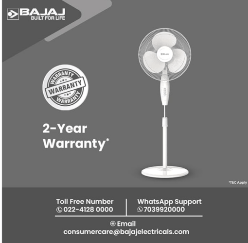 Bajaj Frore Neo 400 MM Oscillating Pedestal Fan for Home | Aerodynamically Balanced Blades | 100% CopperMotor | HighAir Delivery | 3-Speed Control | Rust Free | 2-Yr Warranty 【White】 - Image 4